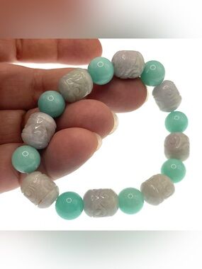 Vintage Natural Barrel Shape Jadeite Jade Beaded Bracelet Stretch